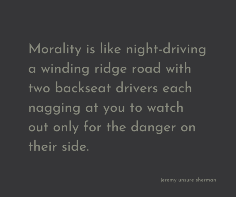 Life is like driving a winding ridge road in the fog and dark with two backseat drivers each yelling at you to watch out only for the danger on their side.